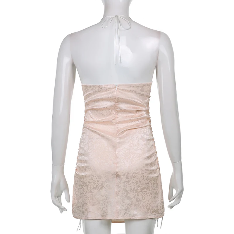 

Rapcopter Floral Mini Dress Ruched Tie Up Short Dress y2k Vintage Elegant Sundress Prom Evening Pink Halter Dress Summer 2021