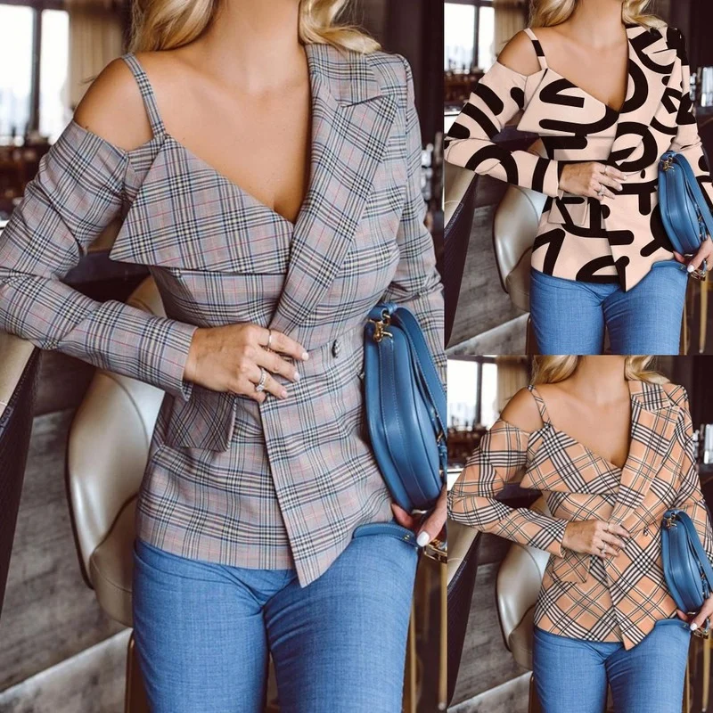 

Blazer Women Autumn Winter Fashion Long Sleeve V Neck Print Suit Jacket Women's Clothing Winter Clothes