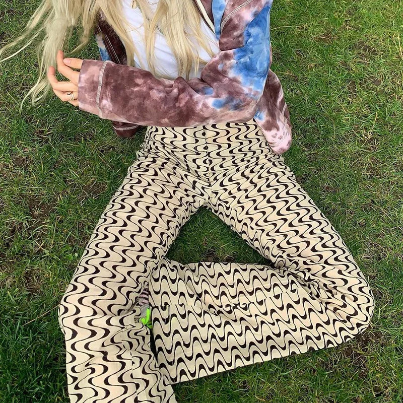 

2021 Women Casual Fashion Long Boot-Cut Pants Adults Summer Color Block Wave Print High Waisted Trousers