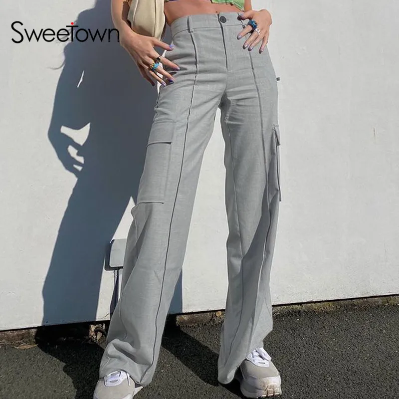 

Sweetown Gray Solid Baggy Cargo Pants Women High Waisted Wide Leg Pants Streetwear Big Pockets Korean Fashion Harajuku Trousers