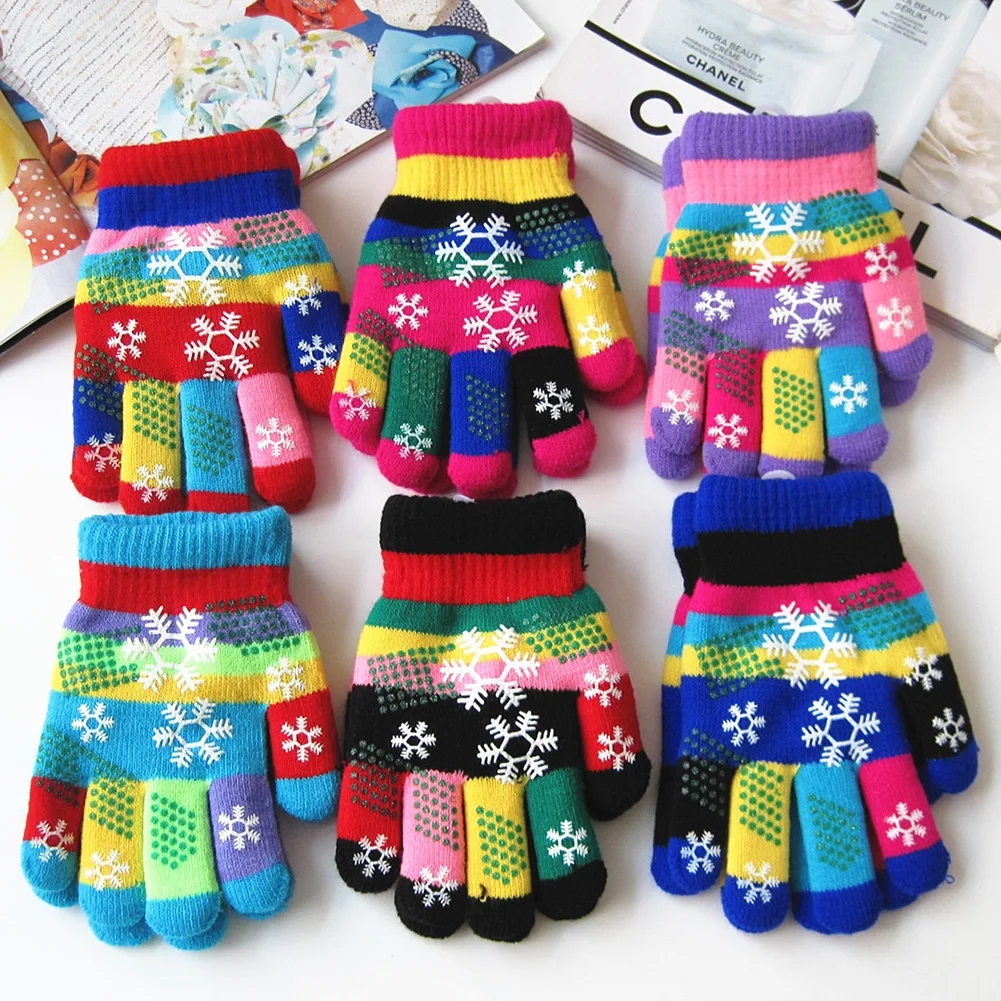 

6 Pairs Christmas Party Gift Autumn Winter Children Thicken Warm Gloves Colorful Snowflower Double Layer Knitted Mitten Gloves