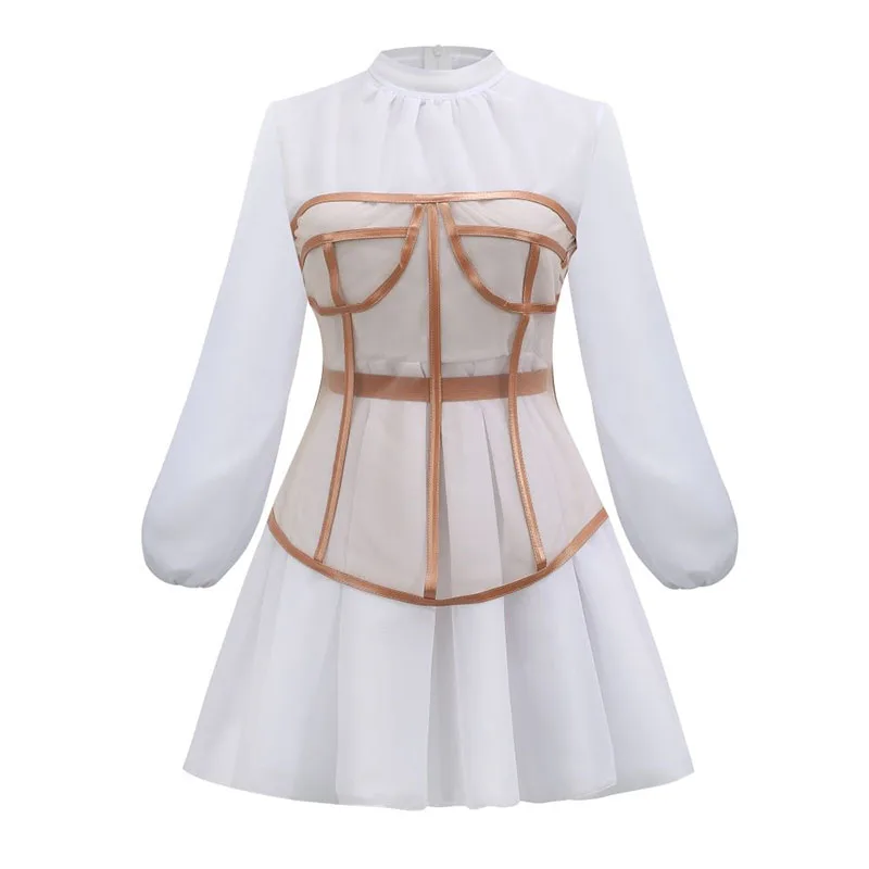 

2021 New Arrival White Long Puff Sleeve A Line Bodycon Women Dress Sexy High Neck Mini Elegant Party Dress with Leather Corset