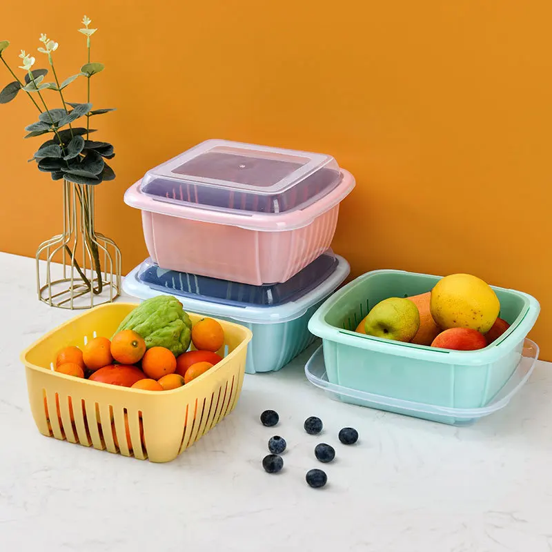 

Drain Basket Double-layer Folding Fresh-keeping Box with Lid Kitchen Washing Basket Plastic Fruit Sink Rice Washing Basket