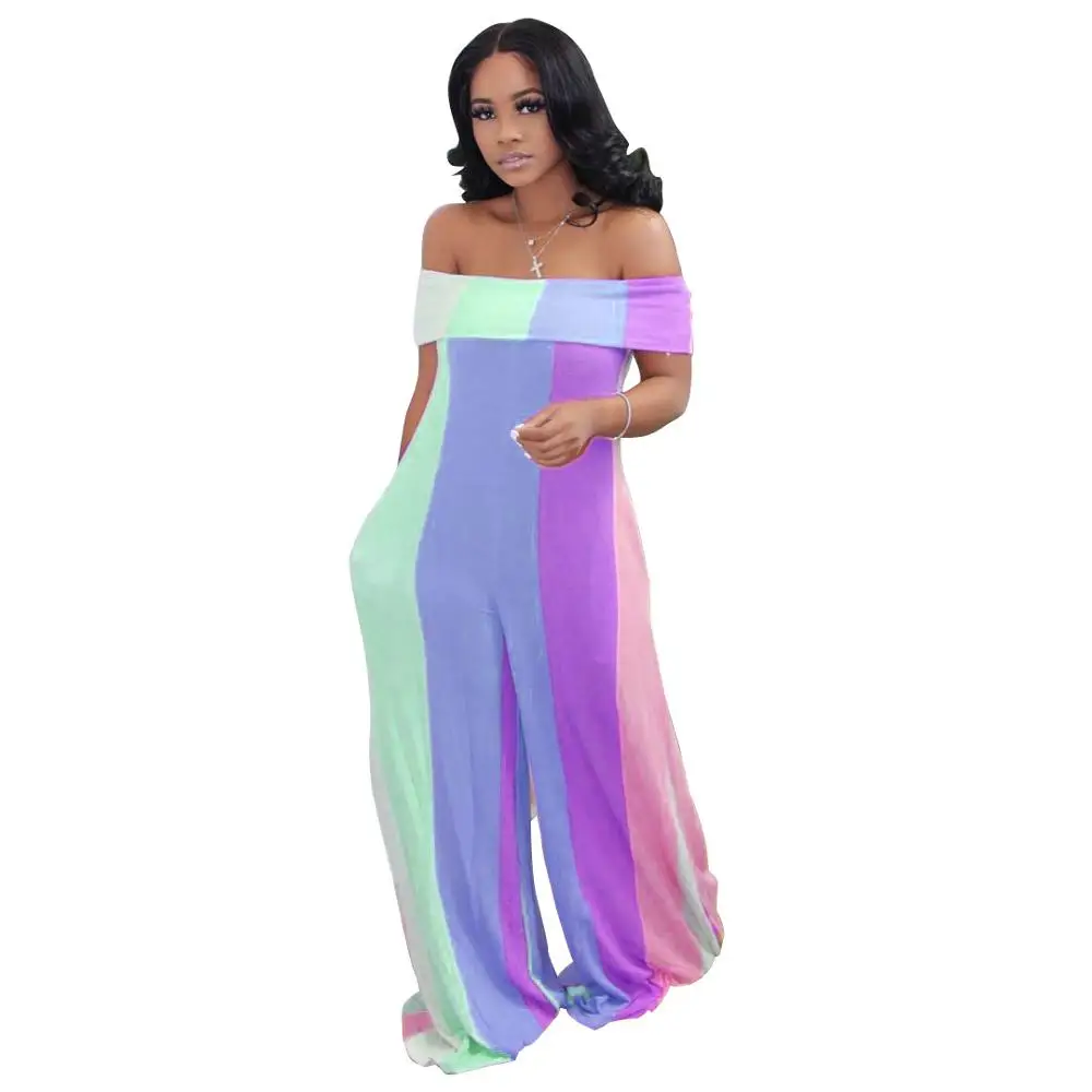 Adogirl Women Sexy Colorful Stripe Print Jumpsuit Folded Slash Off Shoulder Wide Leg Pants Loose Romper One Piece Bodysuit