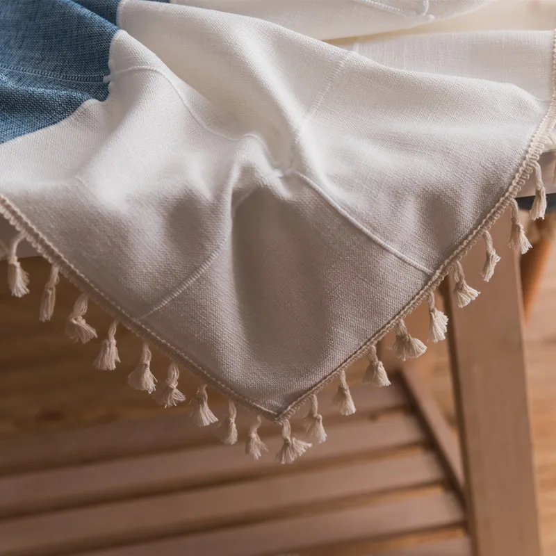 

Blue-green Plaid Embroidered Tassel Cotton and Linen Tablecloth Fabric Living Room Coffee Table Tablecloth Tablecloth