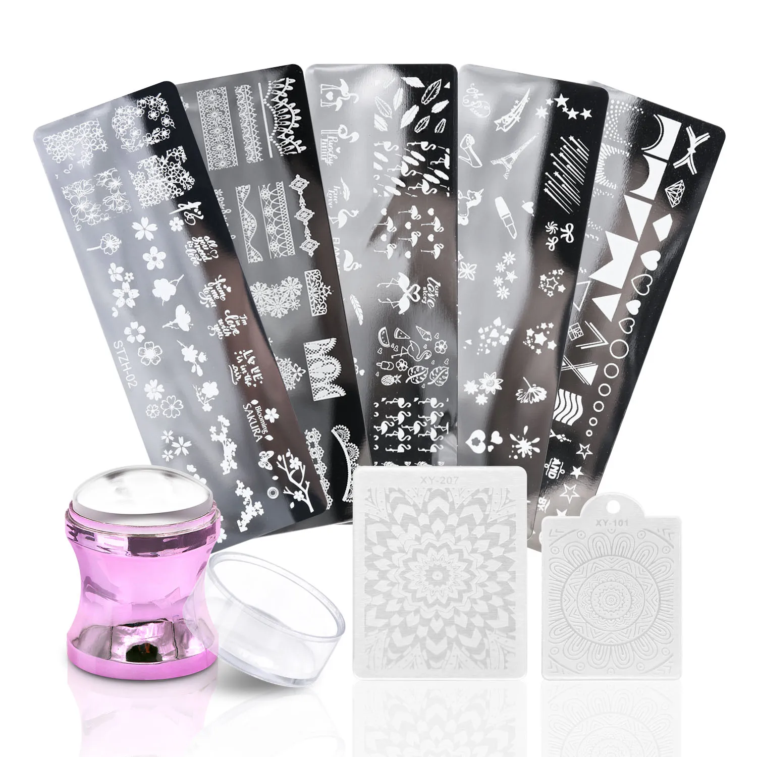 

Pinkiou Nail Art Stamper Kit Clear Jelly Stamping Plates Set Nail Art Stamp Nail Models Stamper Plate with 7 Templates