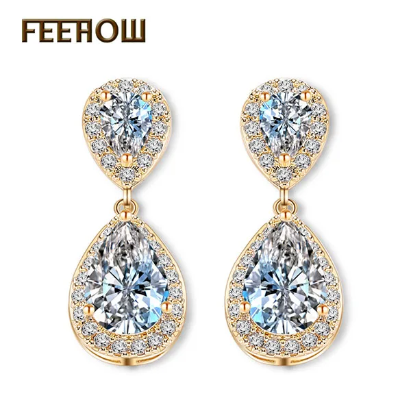 Gold Color FEEHOW, модные элегантные свадебные ювелирные изделия, розовое золото, цветная слеза, кубический циркон, висячие серьги для женщин, Свадебная вечеринка FWEP091 - Окраска металла: Gold Color