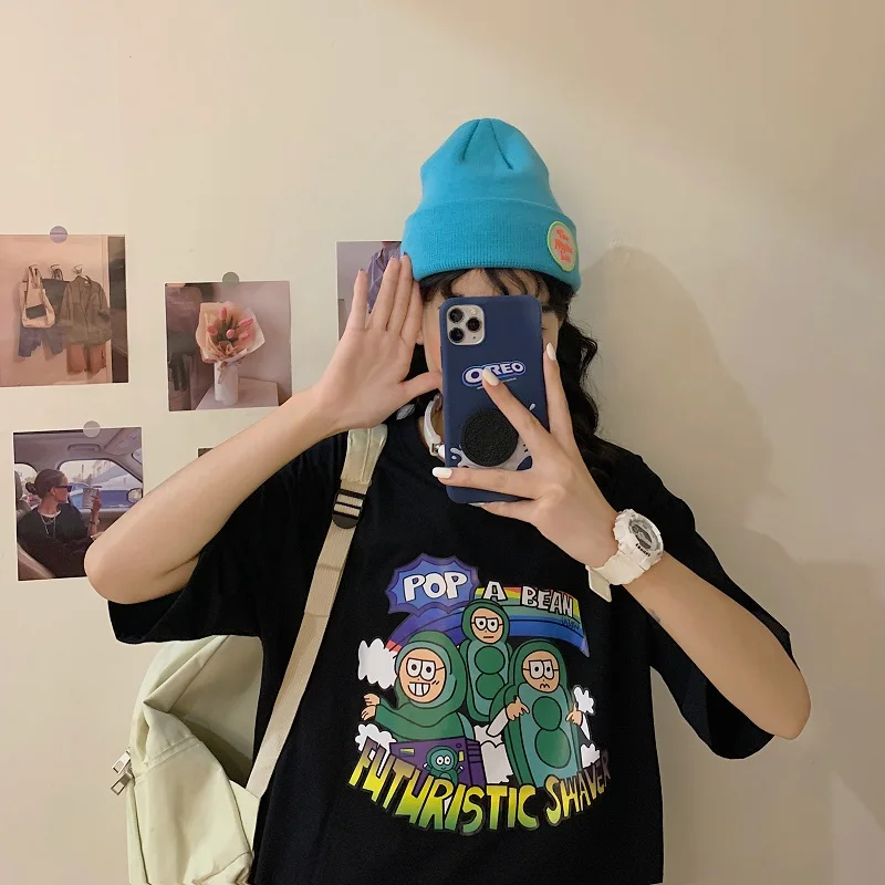 Летние модные хлопковые футболки для женщин черный топ корейские с короткими