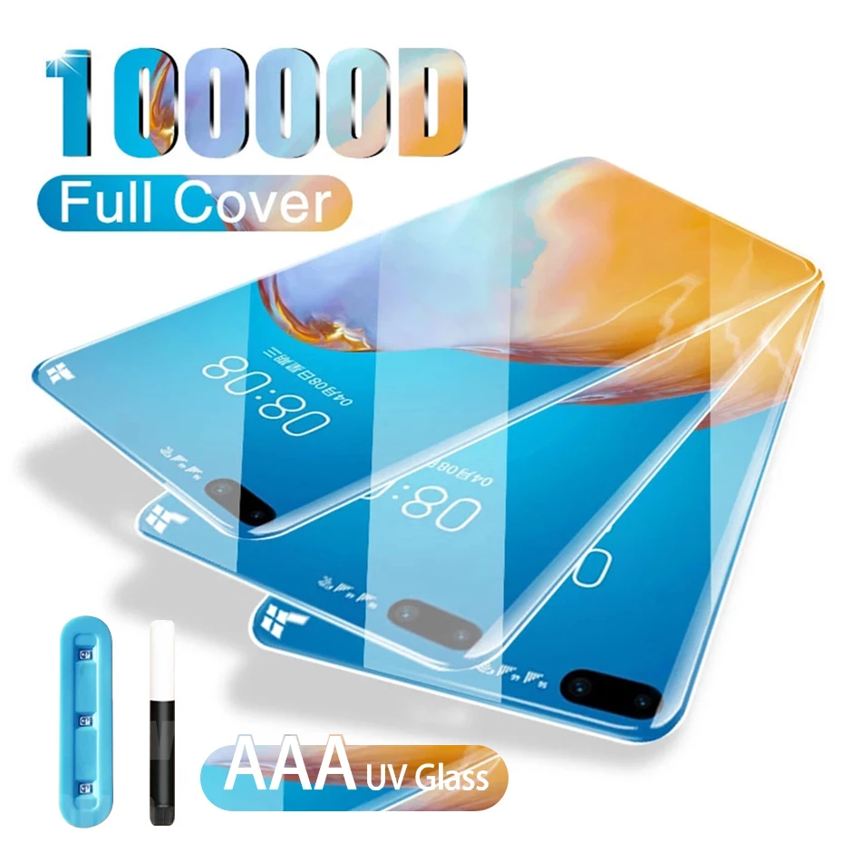 

Чехол с полным покрытием 10000D, закаленное стекло для Huawei P30 Lite P40 Pro, ультрафиолетовая пленка, Защита экрана для Huawei Mate 20 Lite mate 30 Pro