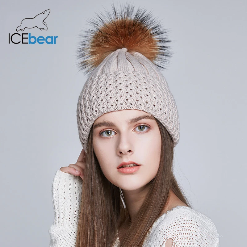ICEbear женские шапки на осень и зиму с натуральным мехом лисы/енота, модные женские шапки с помпоном, E-MX18102Q