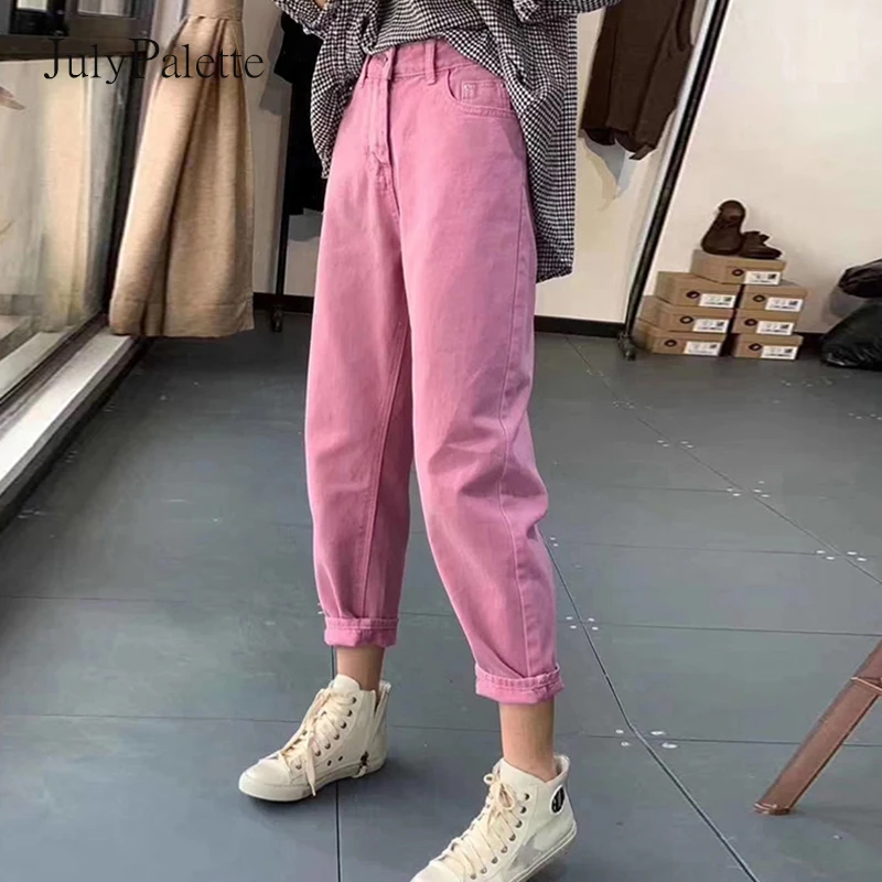 

Джинсы JulyPalette Женские повседневные, шикарные штаны из денима с завышенной талией, однотонные длинные брюки, розовые фиолетовые, на осень