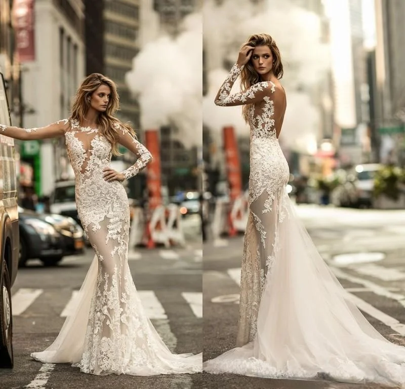 

Berta Fall Mermaid Wedding Dresses Long Sleeves Illusion Jewel Neckline Lace Appliqued Elegant Fitted Bridal Gowns with Low Back