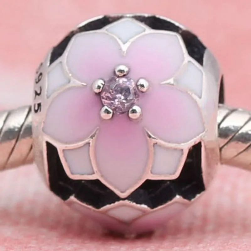 

Original 925 Sterling Silver Bead New Enamel Peach Blossom Beads Fit Pandora Women Bracelet & Necklace Diy Jewelry