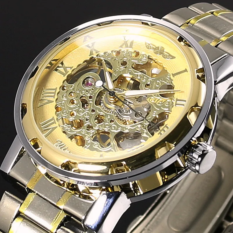 WINNER-reloj mecánico de acero inoxidable para hombre, pulsera de acero inoxidable con esqueleto dorado, cuerda a mano, transparente, Steampunk