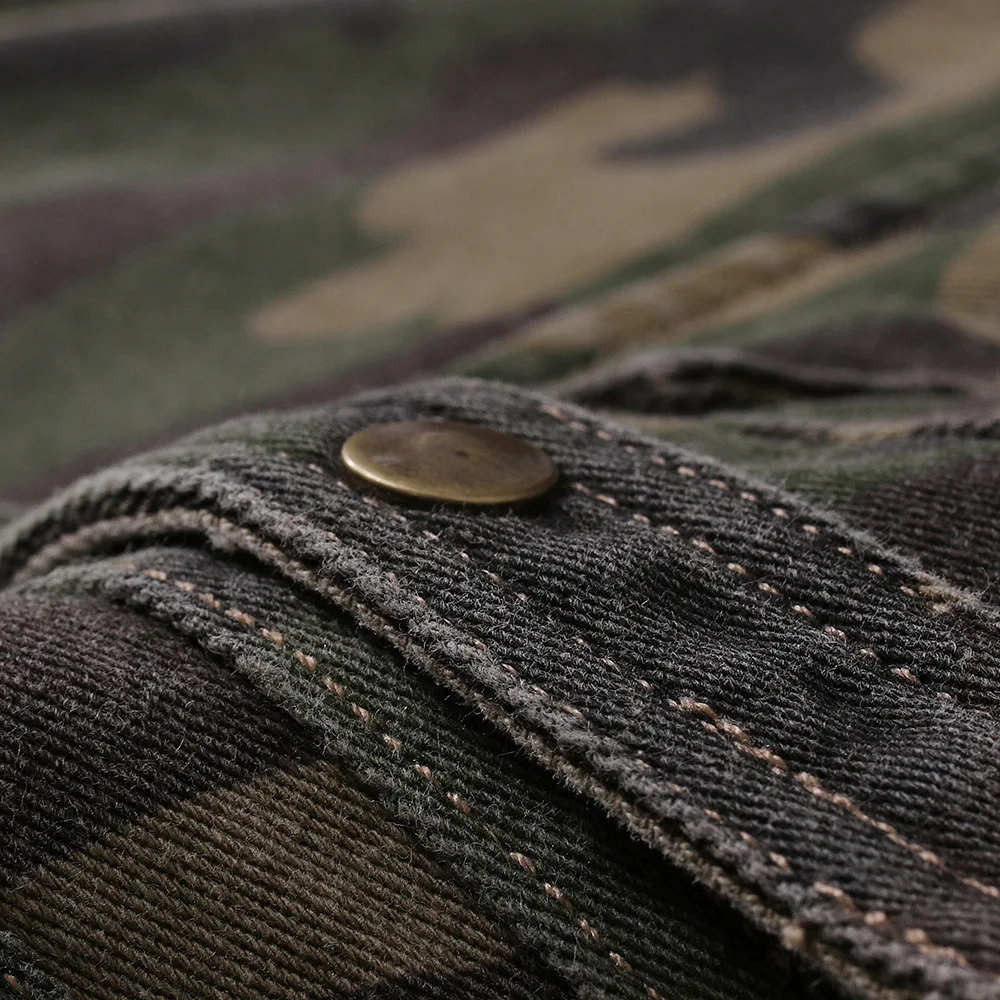 

PYJTRL Men's New Jeans Short Cool Sleeve Personality Camouflage Denim Shirt