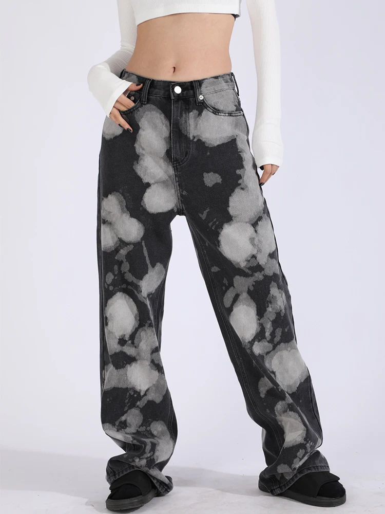 WQJGR High Waisted Jeans Woman Full Length Straight Trousers Fashionable Ink Tie-dye Distressed Women Jeans