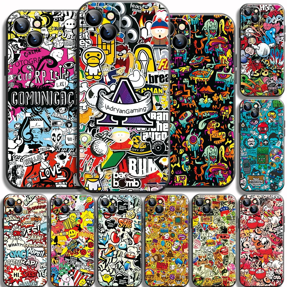 

Case For iPhone 11 12 13 Pro Max 13 12 Mini XS Max XR X 6 6S 7 8 Plus SE 2020 Liquid Silicone Cartoon Graffiti Phone Funda Cover
