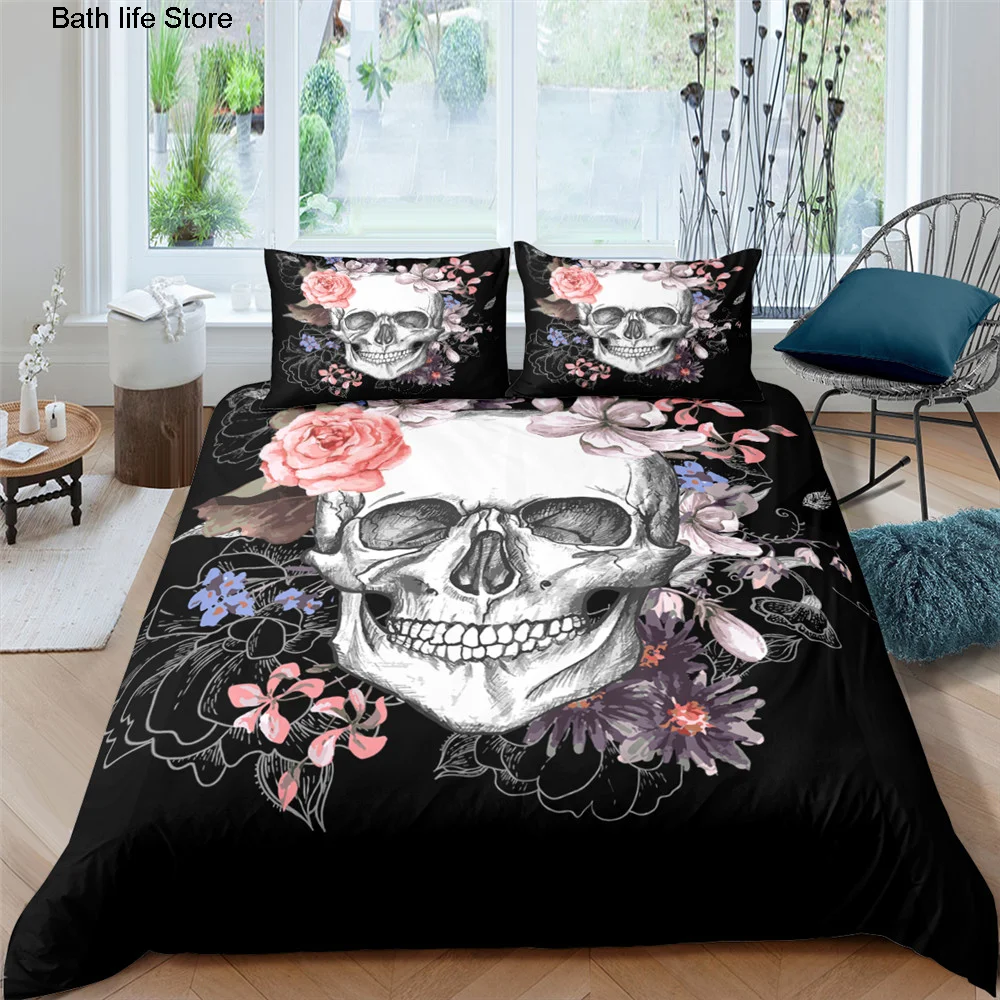 

3D Skull Bedding Set 2/3 Pcs Sugar Skull With Flower Luxury Duvet Cover Pillowcase Single/Twin/Double/Full/ Queen/ King Size