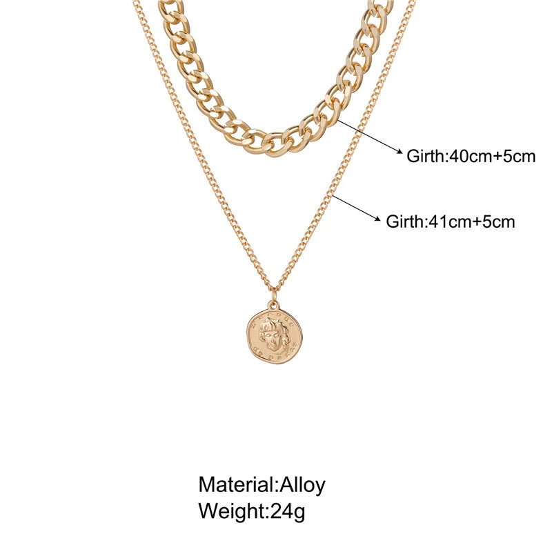 

Ailodo Vintage Coin Necklace For Women Multilayer Gold Silver Color Fashion Portrait Chunky Chain Necklaces Statement Jewelry