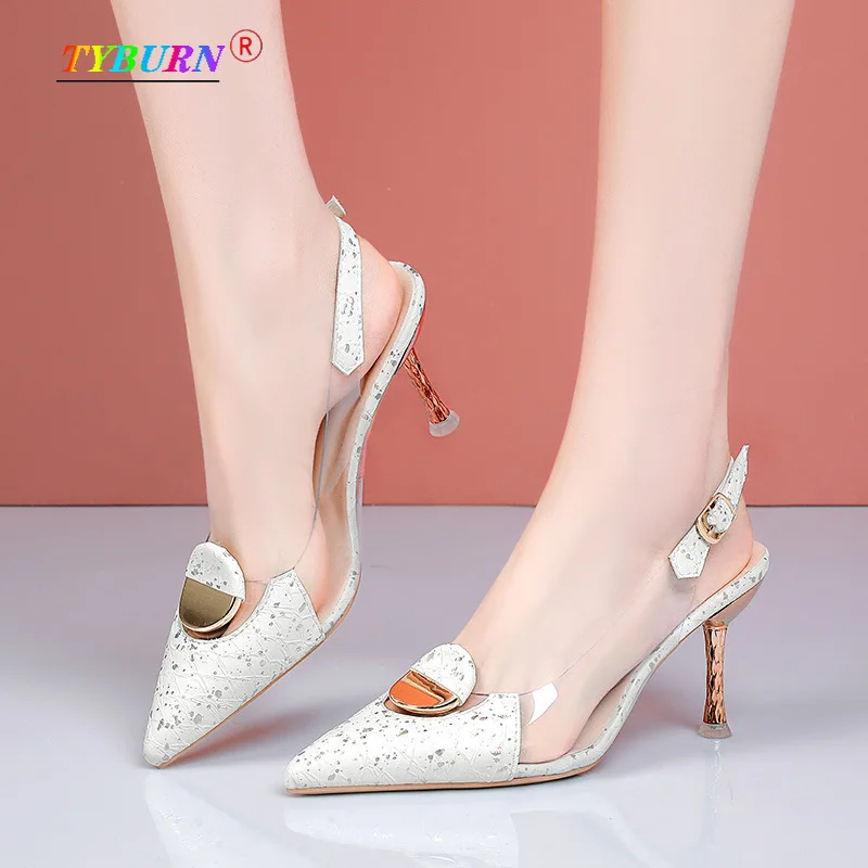 

Fashion Ladies Summer Sandals Transparent One-word Buckle Stiletto High Heels Buckle Pointed White Green Ladies Party Banquet