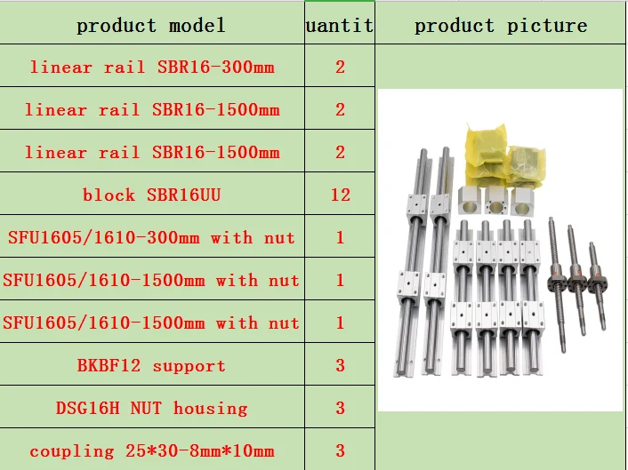 SBR16-300-1500-1500 Акция 3 оси 4 оси 16 мм шариковый винт SFU1605/SFU1610+ BK/BF12+ 3 комплекта SBR16 линейные направляющие для фрезерного станка с ЧПУ - Цвет: SBR16-300-1500-1500