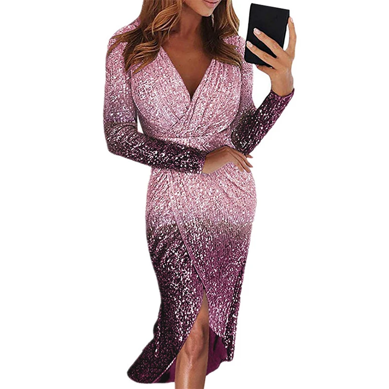 Women Front Split Dress Glitter Gradient V Neck Long Sleeve Elegant Dresses Female Club Party Night Robe Vestidos SJ5087F | Женская