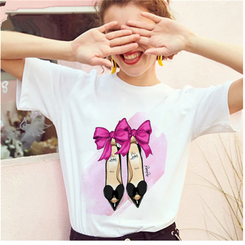 Женская футболка на высоком каблуке с принтом бантом|Футболки| |