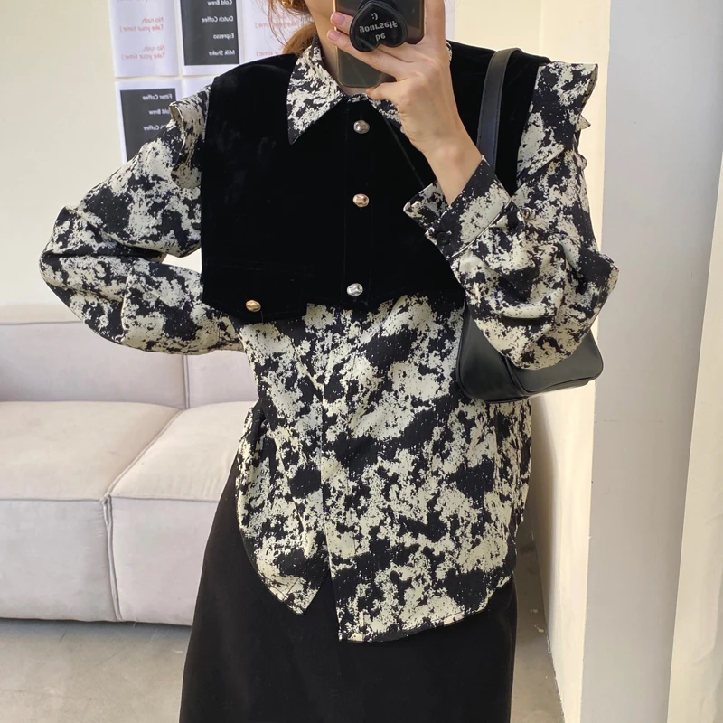 

HziriP Vintage Printed Loose Fashion Lapel Retro 2021 Work Wear Blouse Brief Office Lady Chic Elegance Women Hot Gentle Shirts