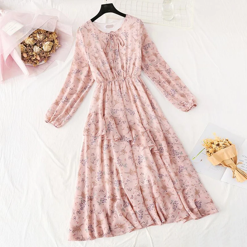 Женское длинное шифоновое платье элегантное асимметричное с круглым вырезом