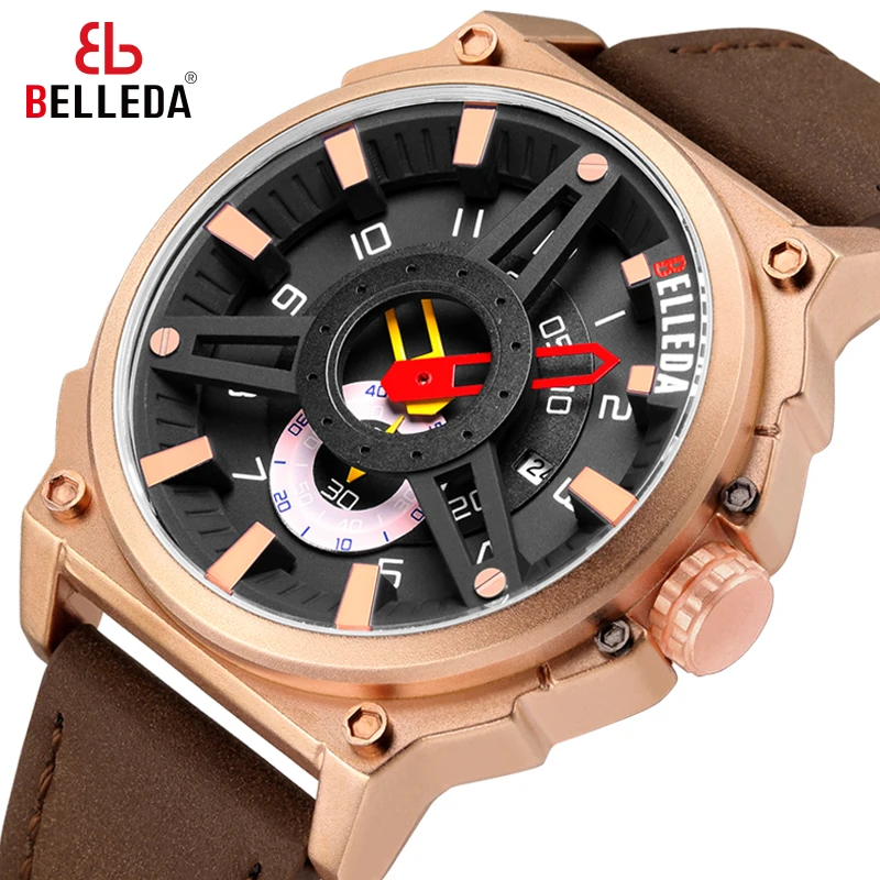 

Luxury Brand BELLEDA Mens Military Sports Male Analog Date Rose Gold Quartz Watch Men Watches Casual Leather WristWatches