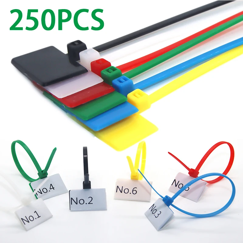 250pcs Easy Mark 4*150mm Nylon Cable Ties Tag Labels Plastic Loop Ties Markers Cable Tag Black White Self-locking Zip Cable Tie
