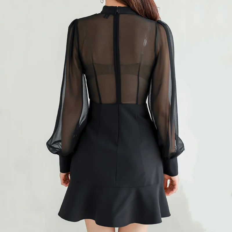 

Autumn new fashion temperament elegant ruffled dress female long-sleeved slim chiffon stitching sexy transparent dress