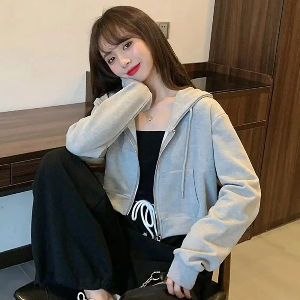 High Quality Simple Women Autumn Solid Color Long Sleeve Zipper Pocket Coat Short Hoodie Crop Top for Female