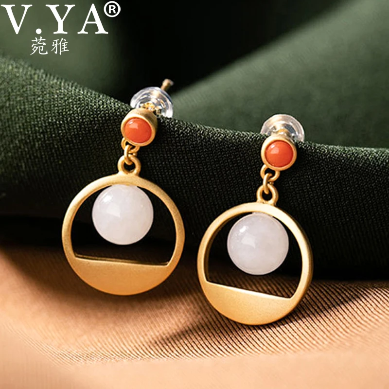 

V.YA 925 Серебряные Южно-красные нефритовые серьги, белые нефритовые Ювелирные серьги, круглые серьги из бисера, серьги-капли для женщин