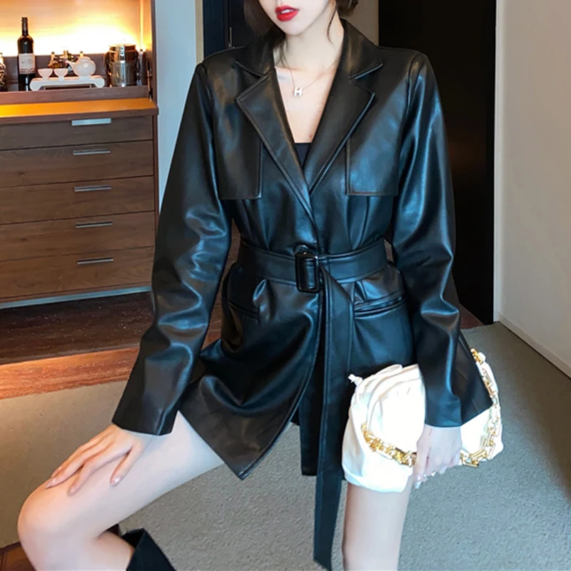 

Outerwear Korean Leather Moto Jacket Women Casual Loose Long Sleeve Biker Jacket 2021 Streetwear Pockets with Sashes Spring Tops
