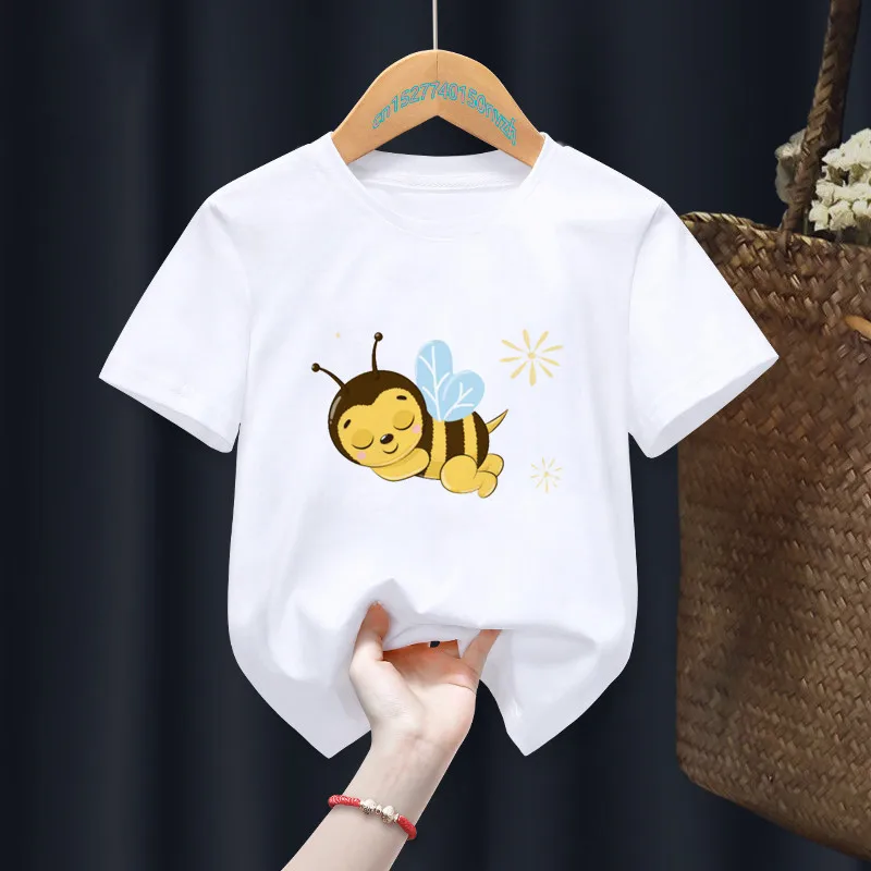 Camiseta para ni&ntilde;os y ni&ntilde;as de dibujos animados, divertida camiseta blanca de abeja para ni&ntilde;os, Tops de animales, regalo, ropa de regalo, env&iacute;o directo-5