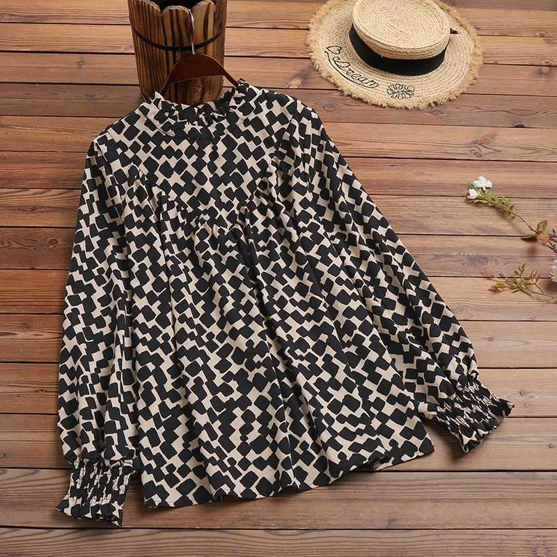 

Женская рубашка с круглым вырезом и принтом в клетку, модные повседневные свободные топы для отдыха, осенняя женская блузка ZANZEA с длинным ру...