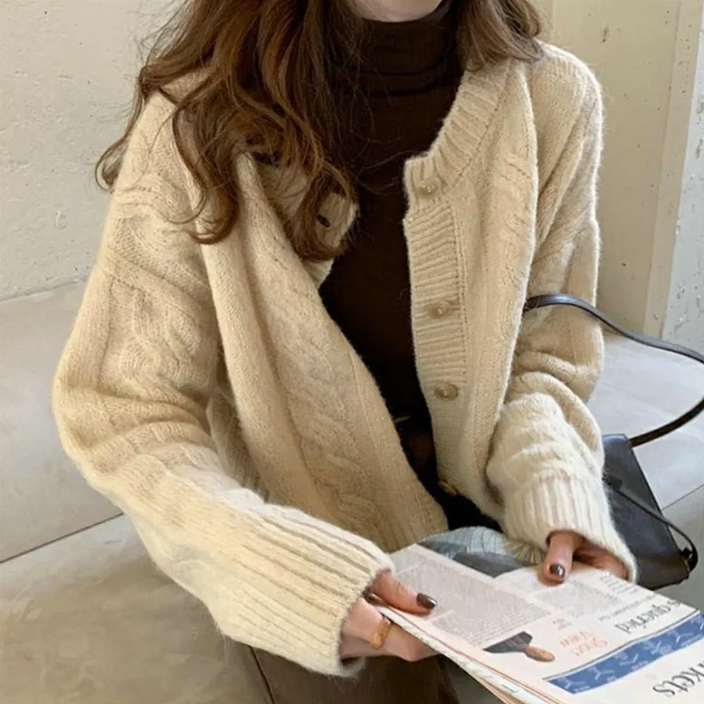 Women Loose V-Neck Thick Knitted Outwear Cardigan Autumn Winter Sweet Girl