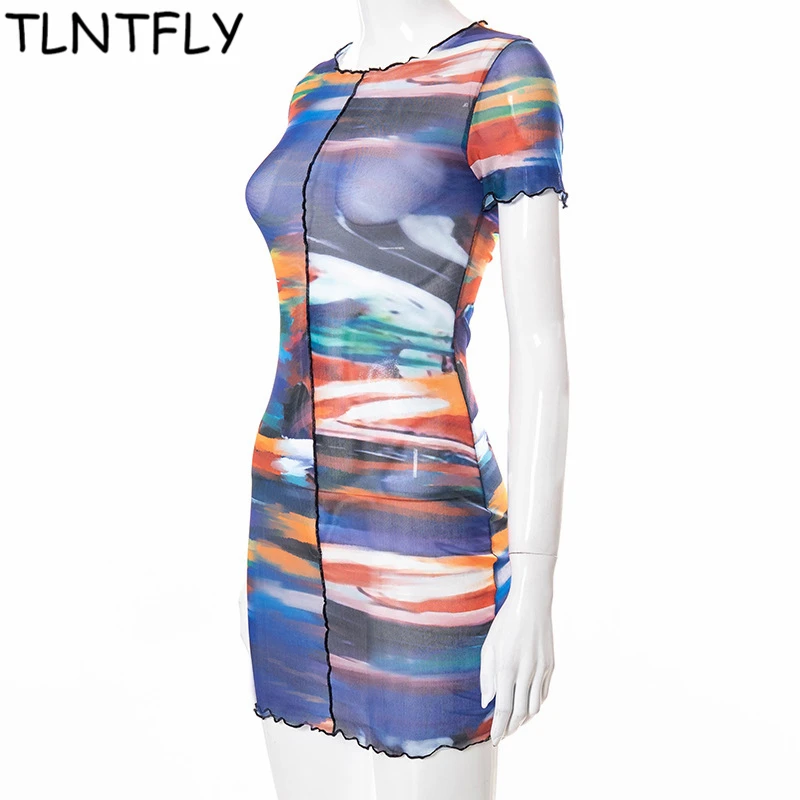 

Short Sleeve Dress Summer Light Net Gauze Beach Dress Woman Vacation 2021 Print Starry Sky Sexy Tight Mini Skirt Streetwear