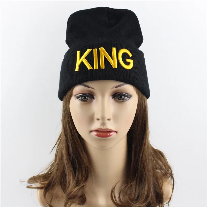 

Зимние облегающие шапки King Queen, шапки для женщин и мужчин, Осенние теплые вязаные шапочки С Вышивкой Букв, шапка, лыжные спортивные шапки в стиле хип-хоп