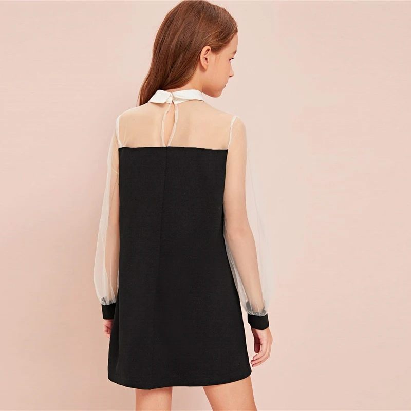 SHEIN Kiddie черный воротник бант спереди обувь для девочек консервативный дизайн платье осень контрастный сетчатый рукав пуговицы сзади линии Короткие милые платья