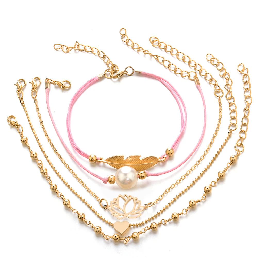 

New Bohemian Gold Chain Bracelet For Women World Map Turtle Heart Crystal Charm Bangle Boho Jewelry 5Pcs Woven Bracelet Bohemia