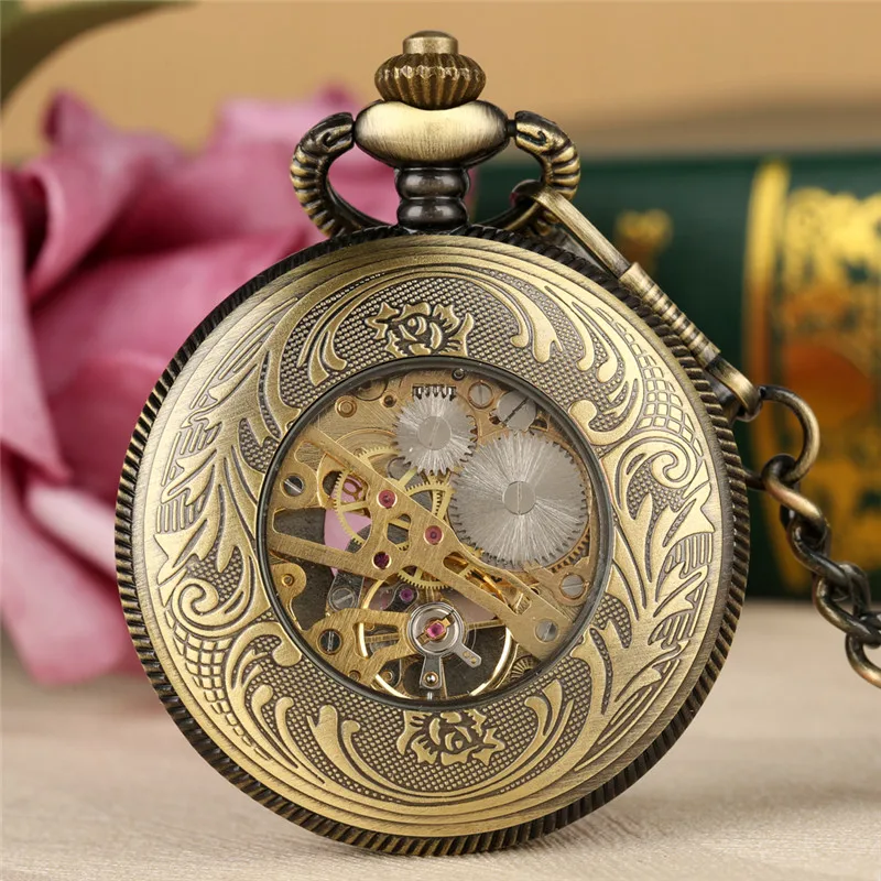 Antique Bronze Hollow Sun Flower Case Design Skeleton Handwind Mechanical Pocket Watch Gift to Men Women Roman Number Dial