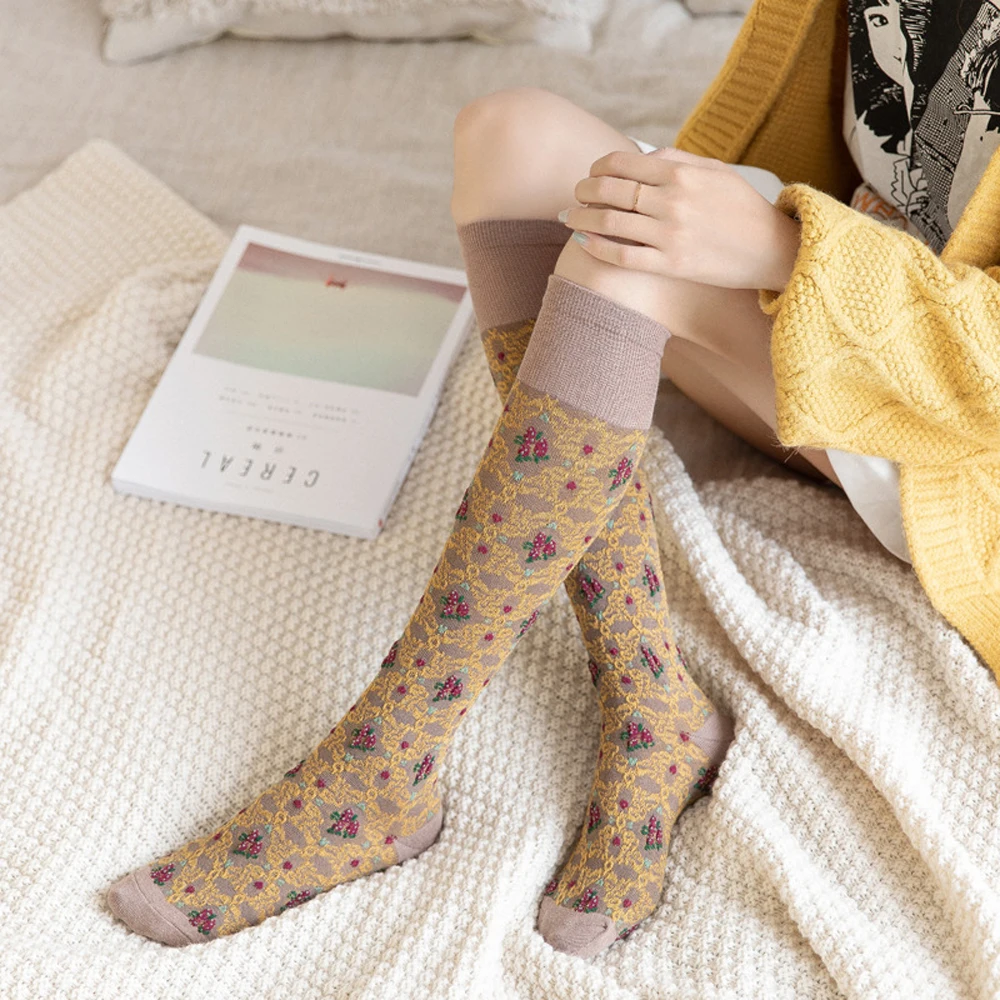 

Retro Korean Women Calf Stocking Fashion Lady Long Tube Sock Ins Trendy Sock Cotton Breathable Floral Socks