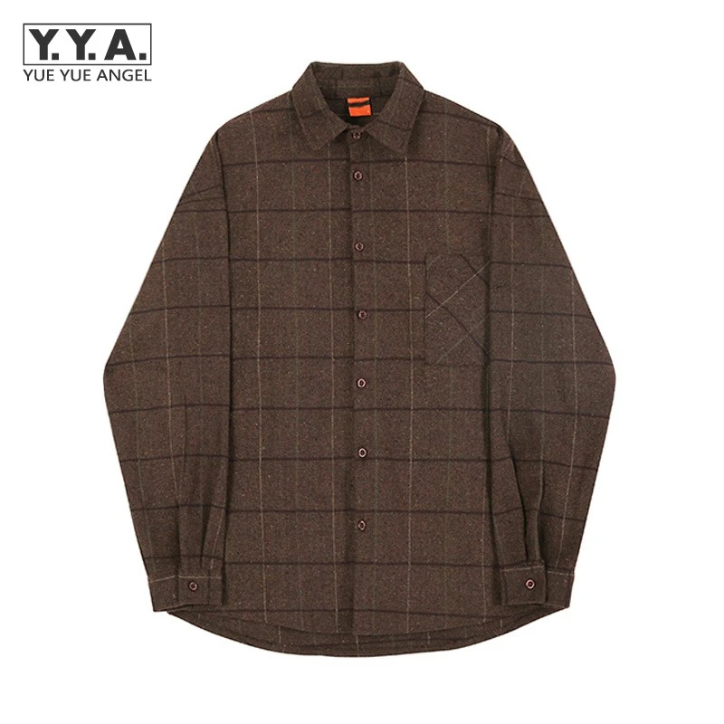 

Рубашка мужская с отложным воротником, винтажная однобортная Повседневная Свободная рубашка в клетку, с длинным рукавом, в стиле Харадзюку,...