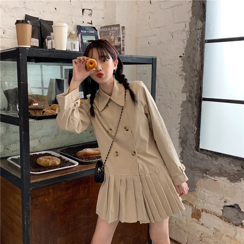 Простые цвета хаки свободные пуговицы линии плиссированные отложным воротником