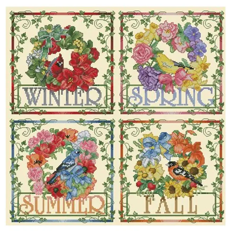 

Four seasons garlands and birds counted 11CT 14CT 18CT DIY Cross Stitch Sets wholesale Cross-stitch Kits Embroidery Needlework