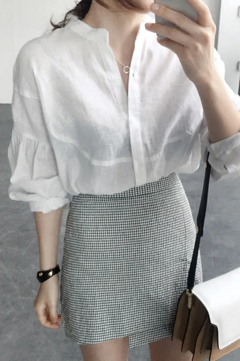 

Summer thin 2021 new style light mature shirt three-quarter sleeve cotton and linen loose blouse women