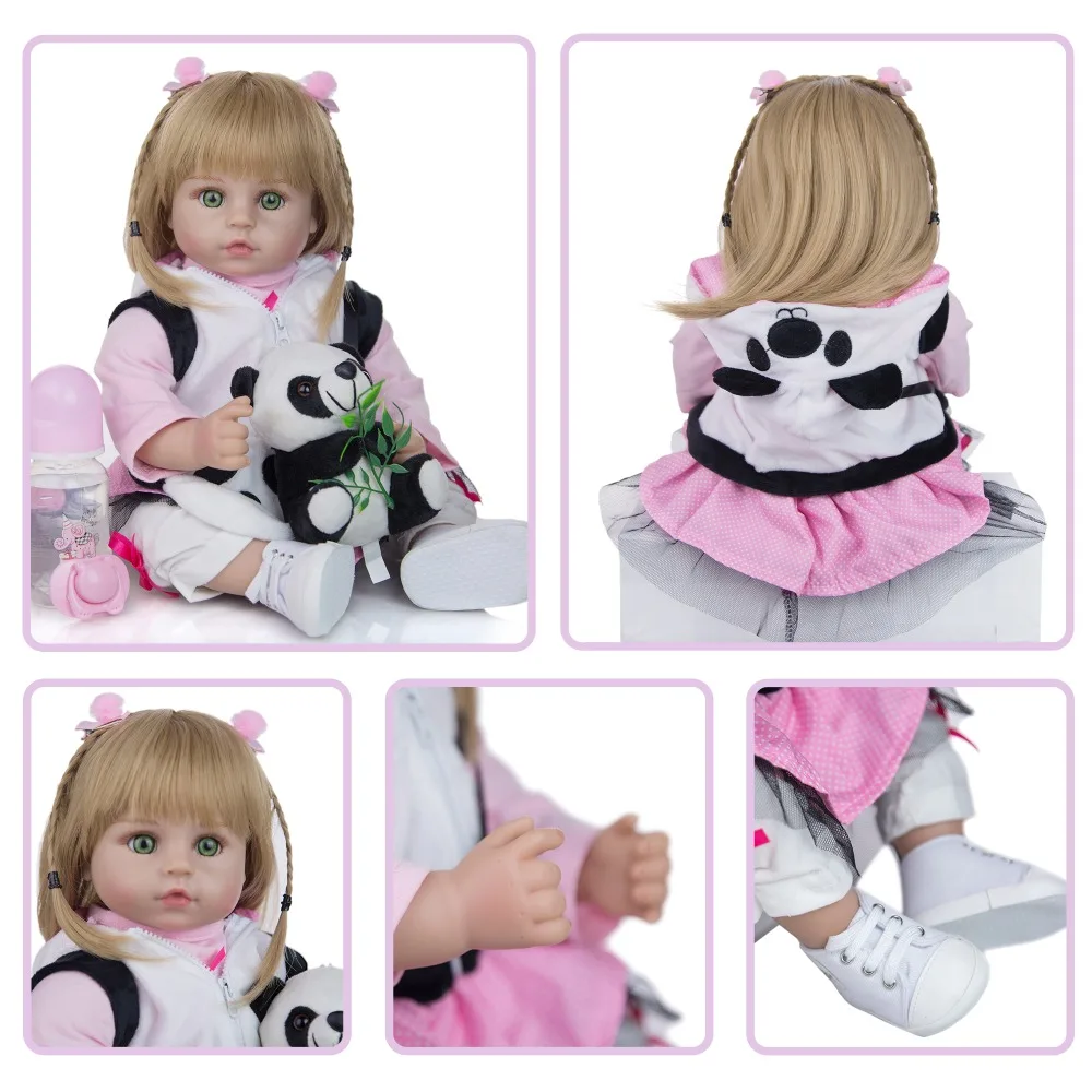 

Кукла реборн мягкая хлопковая, Реалистичная Гибкая кукла-младенец с зелеными глазами, 3/4, кукла реборн живая, блонд, парик, платье с пандами