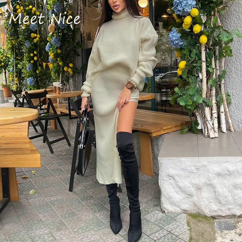 

Женский вязаный комплект из двух предметов, свитер с высоким воротником и юбка миди, зимние пуловеры с длинным рукавом и юбка с Боковым Разр...